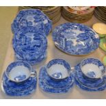 A Spode Italian Scenes blue and white part table service, comprising egg cup stand,