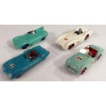 Dinky Toys - Triumph TR2, pale blue, no. 25, no.111, red hubs; Mercedes Benz racing car, cream, no.