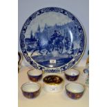 A 20th century 'Delfts Blauw' charger;  four Chinese tea bowls;