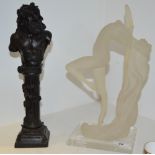A resin bust, Bacchus, on a pedestal, 33cm high;   a frosted figure, of a lady with long hair,