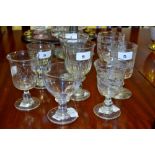 An 19th century ale glass, facet cut bowl;  a 19th century etched wine glass,