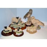 Border Fine Arts - a Snowy Owl, Owlets, a Short Eared Owl, wooden base;  Swaledale Sheep,