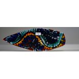 A Poole Delphis navette shaped dish in tones of blue , green,