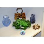 Glassware - a Murano glass handbag; a Caithness paperweight; a green pressed glass dish; etc ,