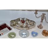 Plated Ware - an EPNS shaped oval gallery tray;  a three light candelabrum;  fish knives and forks;