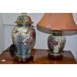 An Oriental baluster vase  table lamp painted with butterflies and bull rushes;