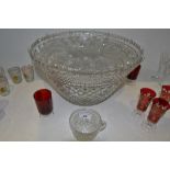 Glassware - a pressed glass punch bowl and cups; cranberry sherry glasses;