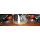 A Persian brass tray; tea light stands; contemporary stoneware art pottery vases ;