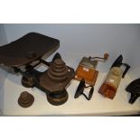 Kitchenalia - a set of brass and cast iron scales; a quantity of flat irons; coffee grinder;