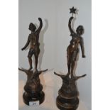 A pair of Spelter figures, La Nuit and Le Soir, both standing on eagles, c.