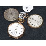 A gold plated Waltham open faced pocket watch; another; a silver coloured pocket watch,