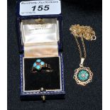 A 9ct gold turquoise and seed pearl pendant,
