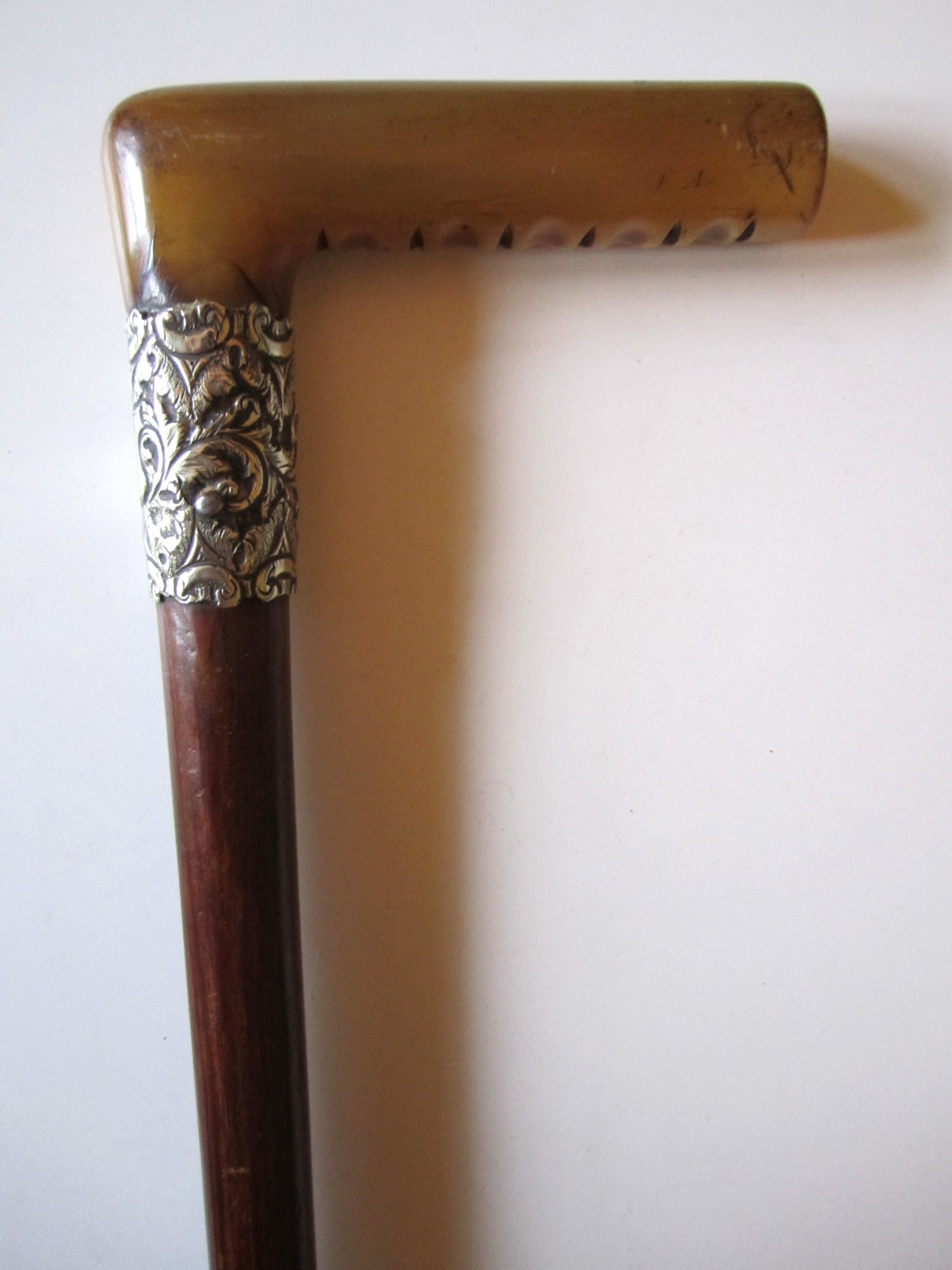 Edwardian Walking Cane with Carved Horn (possibly rhinoceros) Handle. Small dress cane with silver - Image 2 of 3