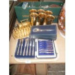 tray inc gold plated goblets and selection of flatware etc