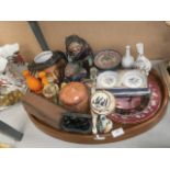 large tray inc character jugs, figurines and binoculars