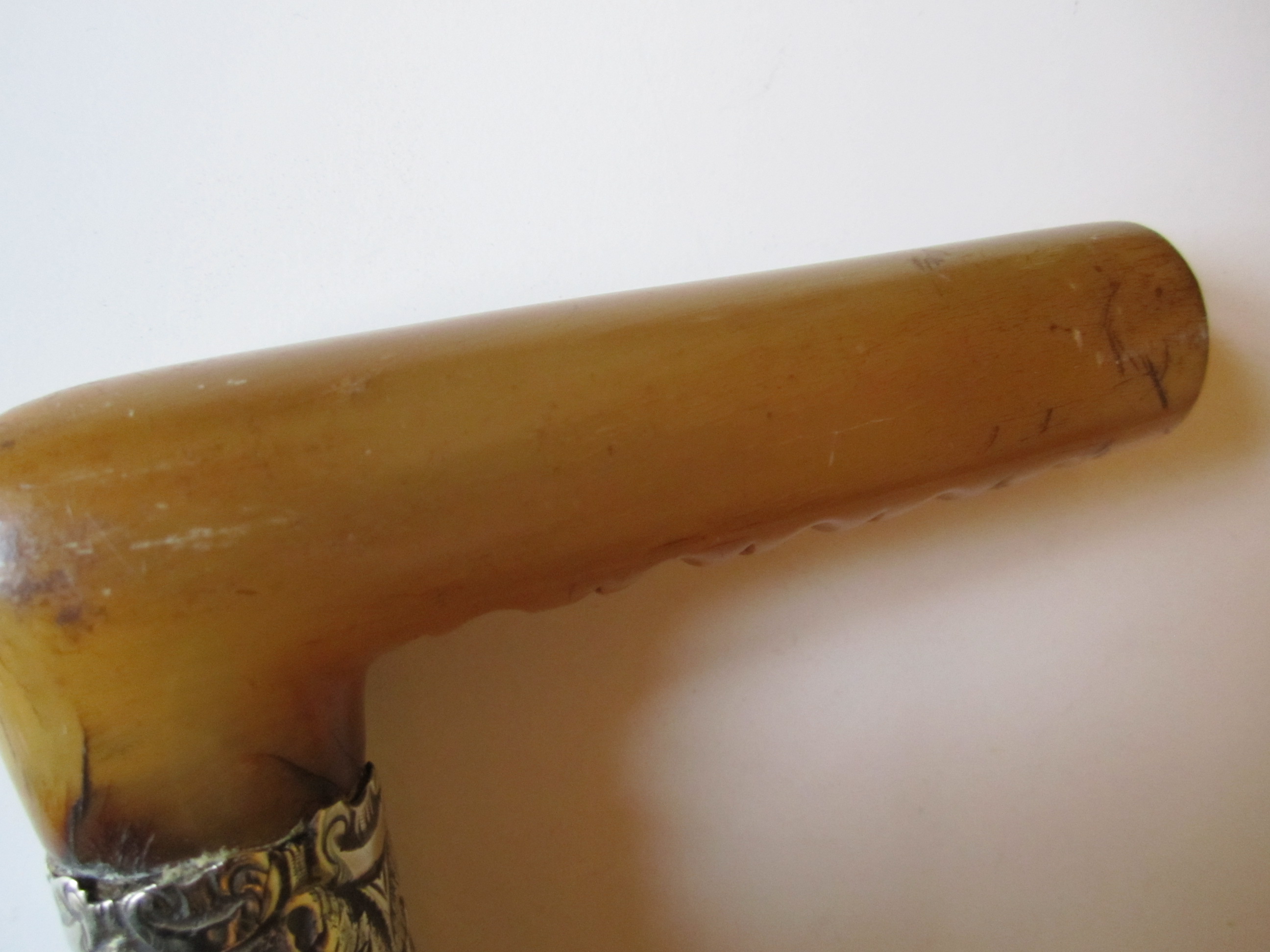 Edwardian Walking Cane with Carved Horn (possibly rhinoceros) Handle. Small dress cane with silver - Image 3 of 3