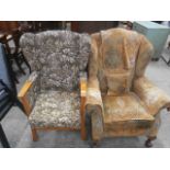 2 wingback chairs one with ball & claw feet