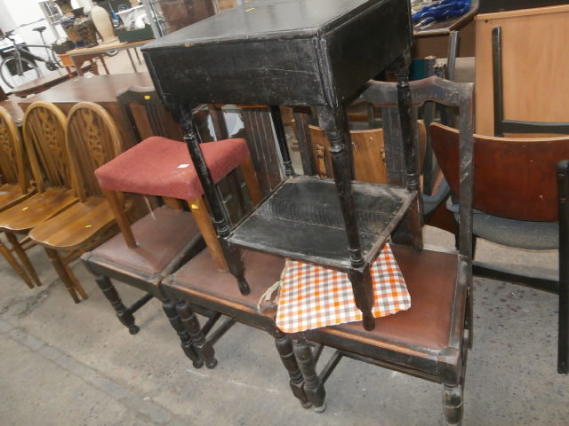 3 oak stand chairs,stool, and small table