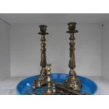 tray of brass candlesticks & nutcracker