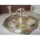 Metal tray and candelabra