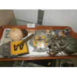 Tray of collectables inc AA badge and petrol cap etc