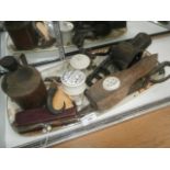 Tray of collectables inc pie funnel, button hook and a press