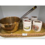 brass jam pan and 4 ceramic conserve pots