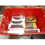 box of collectable trains and cars inc corgi, matchbox etc