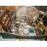 box of metalware inc teapots, gallery tray etc