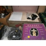 box and vintage suitcase of old gramophone records with details