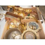 2 boxes of metal ware inc copper tray and brass trivets etc