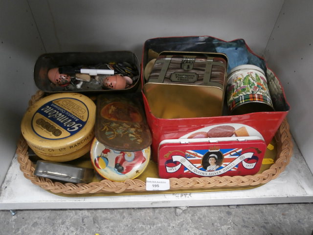 tray of vintage tins and buttons etc