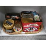 tray of vintage tins and buttons etc
