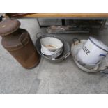 selection of enamel and galvanised tubs and bowls and a milk churn