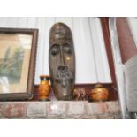 large carved african mask and 3 other treen pieces