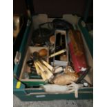 box of collectables inc vintage recorder, tins, bakelite pots and flatware etc