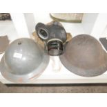 gas mask and 2 tin helmets