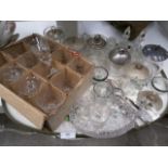 tray of glassware inc cut glass condiment set and lidded pots etc