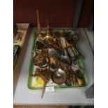 tray of flat ware and brass ware
