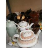 tray of jugs, tea pots and coffee pots