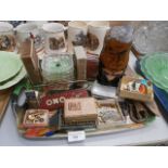 tray of collectables inc Russian doll, vintage spectacles and cufflinks etc