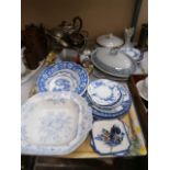 3 trays inc blue and white pottery, metal ware and weights etc