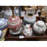 tray of oriental pottery inc Buddha, lamp and ginger jars - wooden tray inc