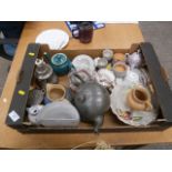 box inc metal tea pots, stoneware and cake plate etc