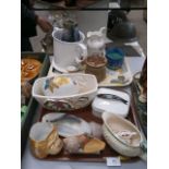 2 trays inc vintage pottery, doulton lambeth jug and double handled tankard etc