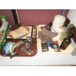 2 trays of collectables in cast iron door stop, character mug and coins etc