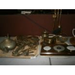 2 trays inc barometer, fire companion and horse brasses