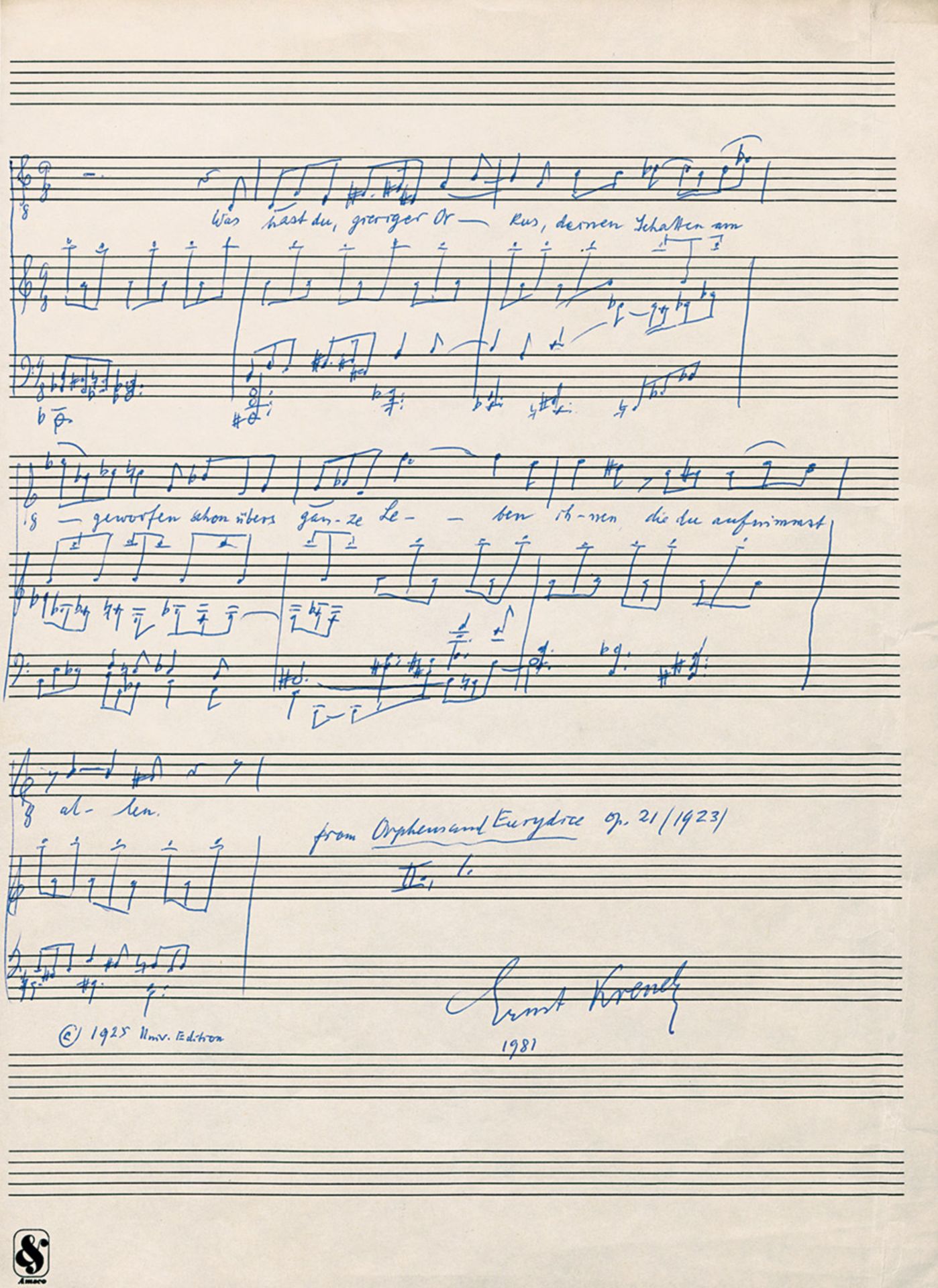 Krenek, Ernst: Signiertes Musikmanuskript  Krenek, Ernst, österr.-amerik. Komponist (1900-1991).