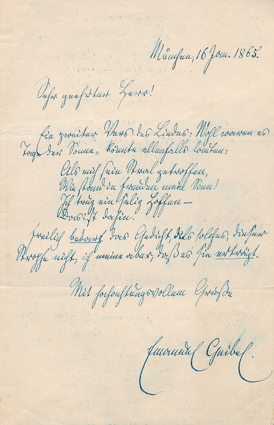 Geibel, Emanuel: Brief mit Gedicht 1865  - Eigh. Brief m. U. "Emanuel Geibel" und integriertem