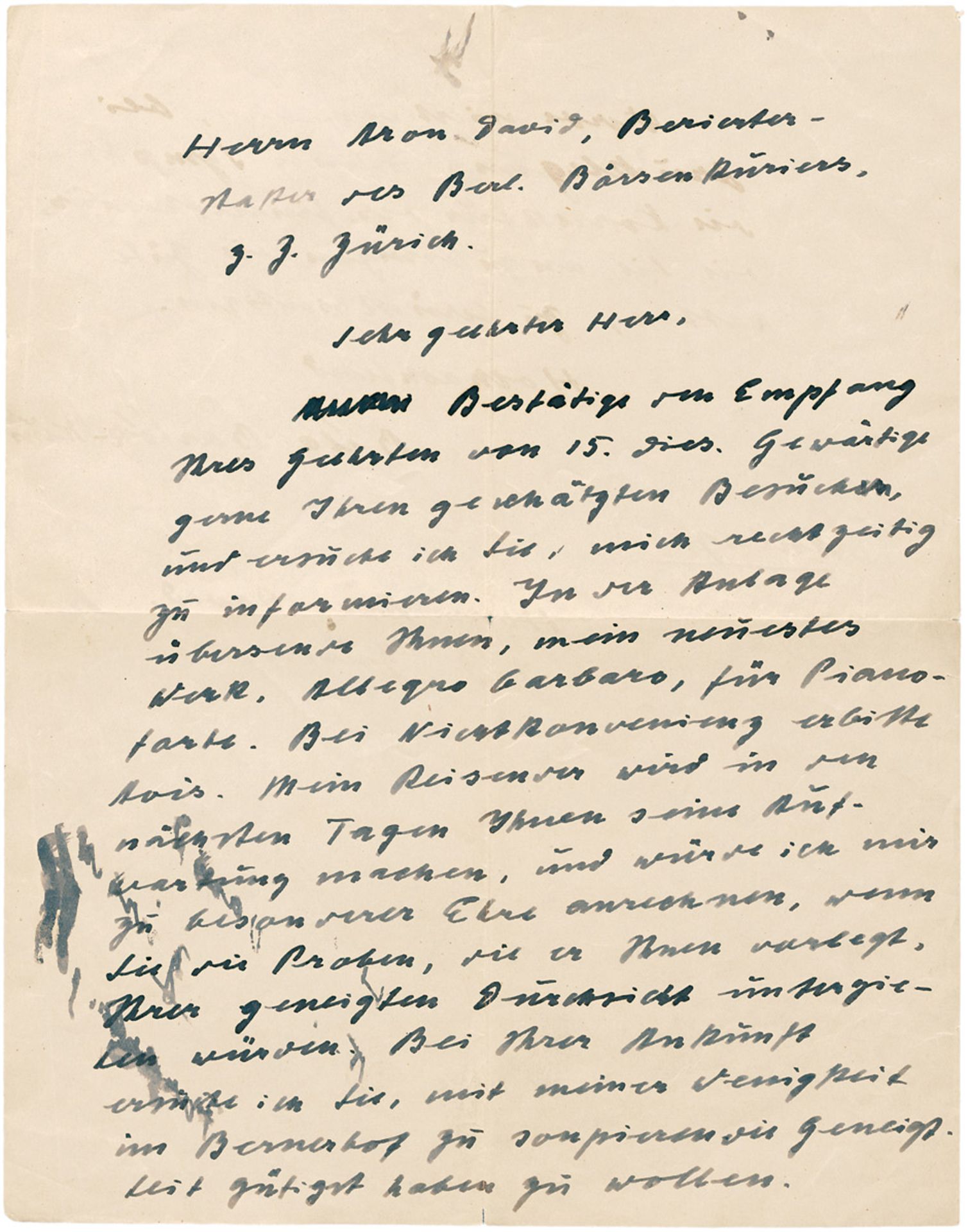 Bartók, Béla: Brief 1911 an Aron David  Bartók, Béla, ungar. Komponist und Musikethnologe (1881-